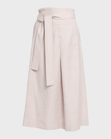 Loro Piana Ariel Spring Linen-Wool Belted Midi Skirt