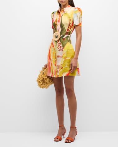 LEO LIN Bronte Floral Linen-Blend Belted Mini Dress