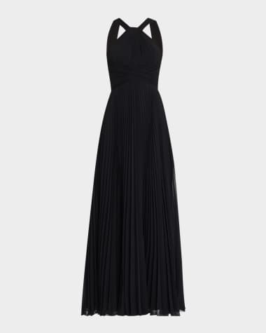Rickie Freeman for Teri Jon Pleated Twist-Front A-Line Halter Gown