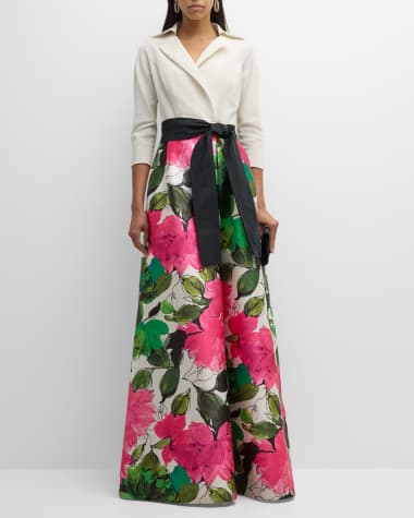 Rickie Freeman for Teri Jon Belted Floral-Print A-Line Gown