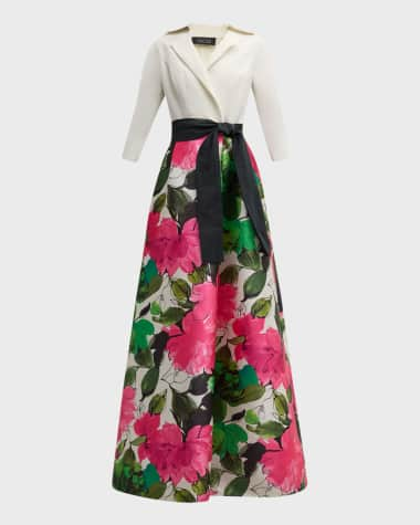 Rickie Freeman for Teri Jon Belted Floral-Print A-Line Gown