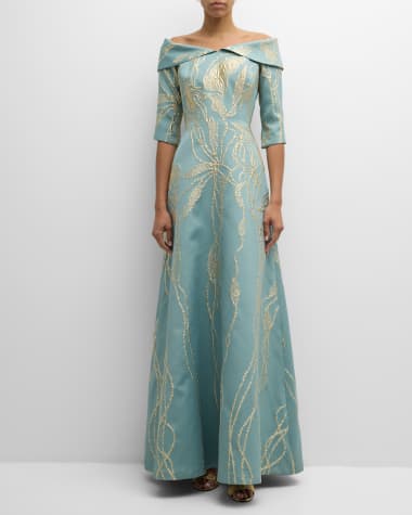 Rickie Freeman for Teri Jon Off-Shoulder Metallic Jacquard Gown