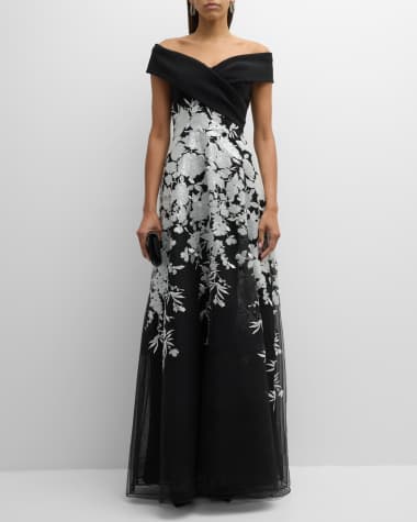 Rickie Freeman for Teri Jon Off-Shoulder Embroidered Crepe Gown