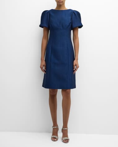Rickie Freeman for Teri Jon Puff-Sleeve Pebble Jacquard Midi Dress