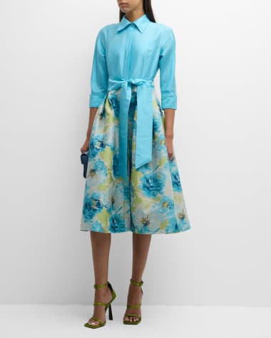 Rickie Freeman for Teri Jon 3/4-Sleeve Floral Jacquard Midi Shirtdress