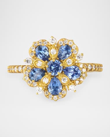 Tanya Farah 18K Yellow Gold Jasmine Bloom Diamond and Blue Sapphire Statement Ring