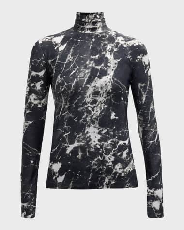 Norma Kamali Marble Printed Slim Fit Long-Sleeve Turtle Top