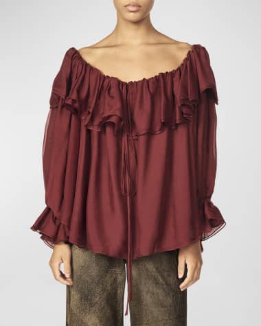 INTERIOR Firanelli Ruffle Scoop-Neck Long-Sleeve Silk Peasant Blouse