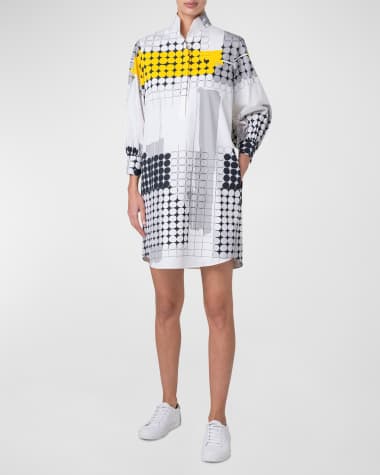 Akris punto Skyscraper Facade-Print Long-Sleeve Cotton Poplin Mini Shirtdress