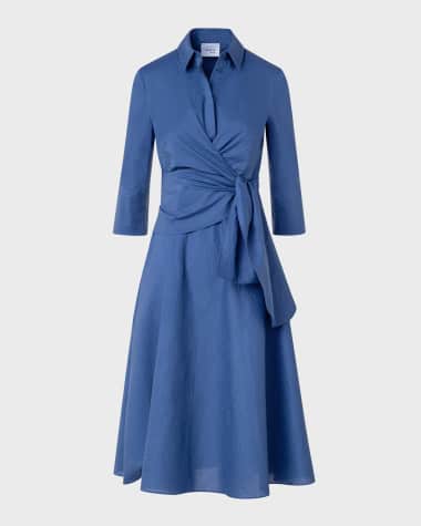 Akris punto Wrap-Waist 3/4-Sleeve Seersucker Midi Shirtdress