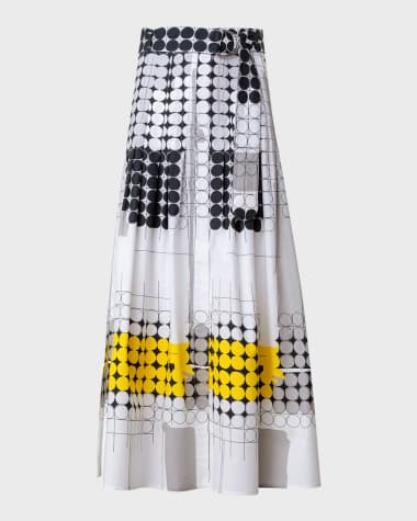 Akris punto Skyscraper Facade-Print Cotton Poplin Belted Midi Skirt