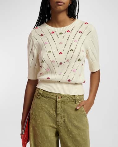 Essentiel Antwerp Fare Embroidered Pointelle-Knit Organic Cotton Short-Sleeve Sweater