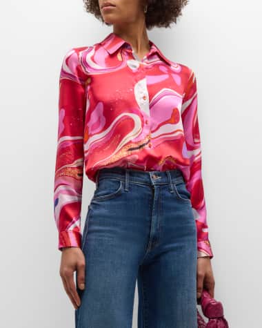 L'Agence Multi Tie-Dye Swirl Tyler Button-Front Silk Blouse