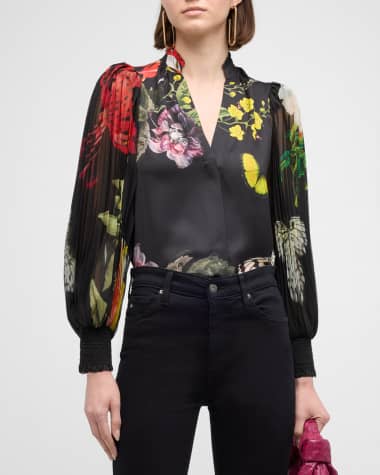 Alice + Olivia Ilan Essential Floral Pleated Button-Front Blouse