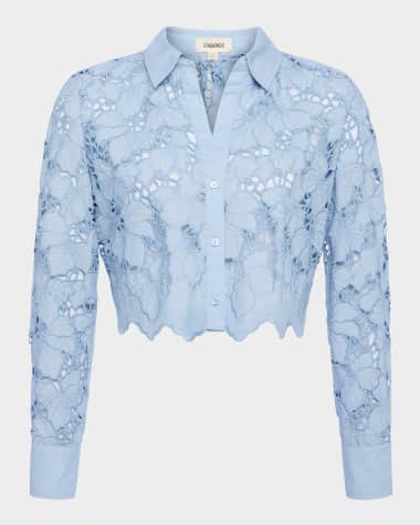 L'Agence Seychelle Floral Eyelet-Embroidered Cropped Shirt
