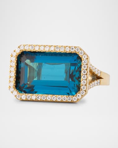 Goshwara Gossip 18K Yellow Gold London Blue Topaz East West Emerald Cut Ring with Diamonds