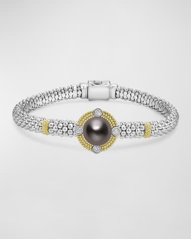 LAGOS Luna Sterling Silver and 18K Gold Caviar Beaded Bracelet with Black Pearl