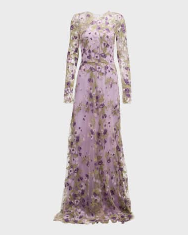 Naeem Khan Embroidered Floral Gown with Sheer Overlay