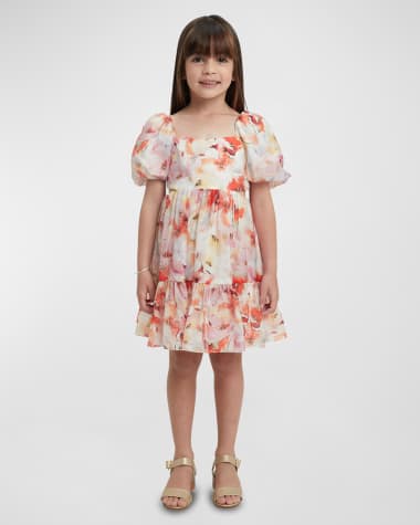 Kid Girl Floral Print Ruffled Lace Design Short-sleeve Dress