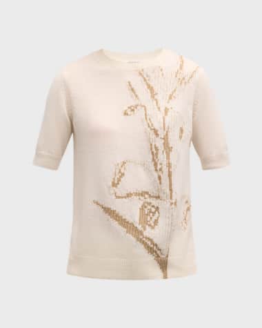 Lafayette 148 New York Crewneck Floral Intarsia Cashmere Sweater