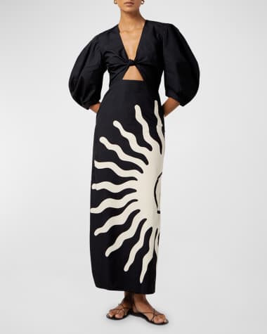 Cala de la Cruz Gaia Puff-Sleeve Organic Cotton Midi Sheath Dress