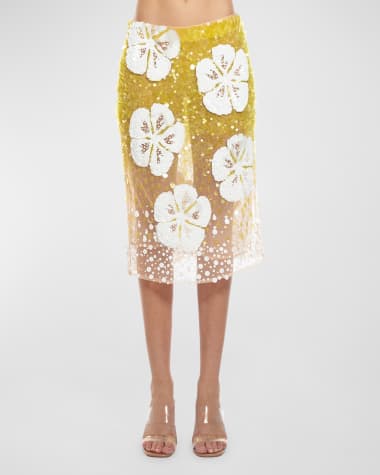 Des Phemmes Sequined Hibiscus Midi Skirt