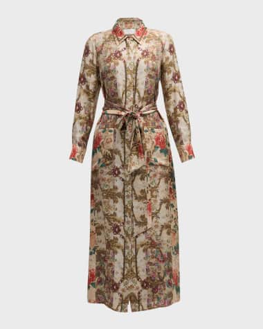 Pierre-Louis Mascia Colorblock Floral-Print Silk Midi Shirtdress