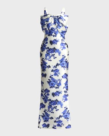 Zac Posen Sleeveless Floral-Print Bow-Front Mikado Gown