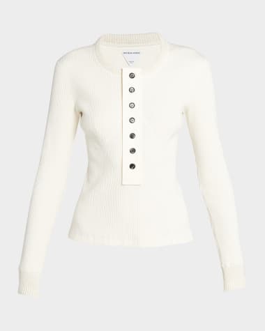 Bottega Veneta Long-Sleeve Compact Cotton Rib Jersey Henley T-Shirt