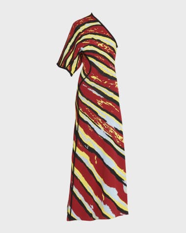Bottega Veneta One-Shoulder Short-Sleeve Shells Jacquard Maxi Gown