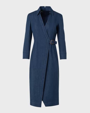 Akris Trapezoid-Buckle Stretch Denim Wrap Shirtdress