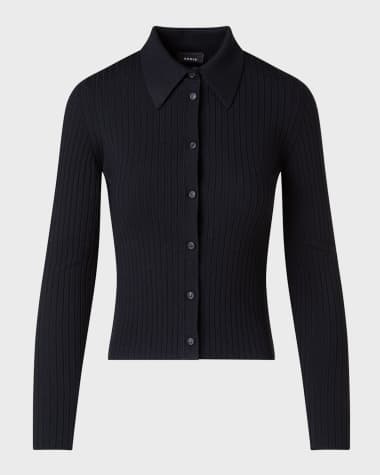 Akris Wool-Silk Stretch Large Rib Knit Collared Cardigan