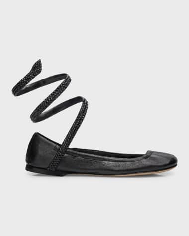 Rene Caovilla Lambskin Strass Snake-Wrap Ballerina Flats