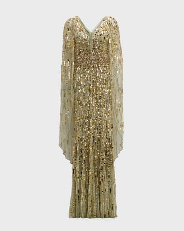 Jenny Packham Honey Pie Sequined Cape-Sleeve Mermaid Gown