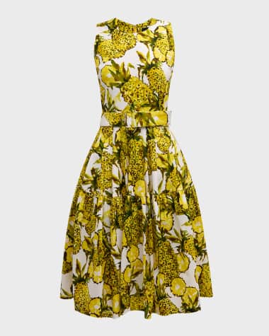 Samantha Sung Rose Belted Pineapple-Print A-Line Dress