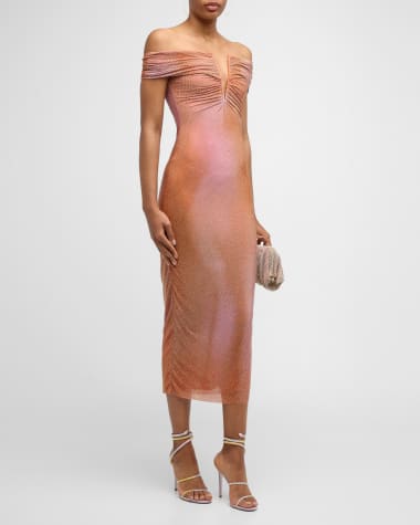 Self-Portrait Rhinestone-Embellished Off-Shoulder Midi Dress