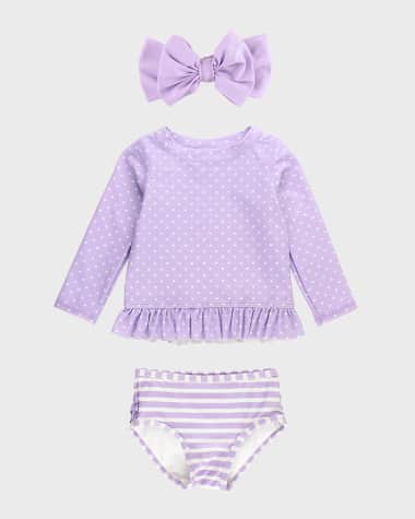 RuffleButts Girl's Lavender Hearts Two-Piece Swimsuit and Bow Set, Size 3M-8