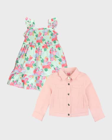 RuffleButts Girl's Floral-Print Dress and Denim Jacket Set, Size 3M-8