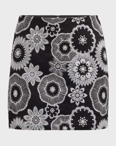 Milly Floral-Embroidered Straight Mini Skirt