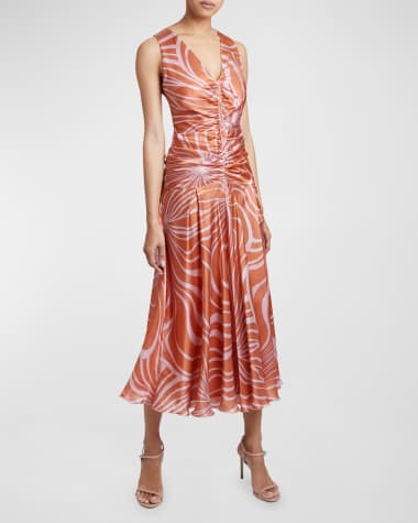 Santorelli Eden Ruched Swirl-Print Charmeuse Midi Dress