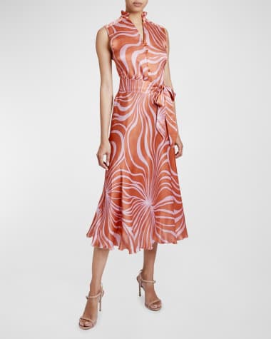 Santorelli Nirva Swirl-Print Silk Charmeuse Midi Dress