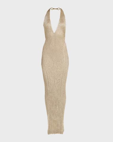 TOM FORD Metallic Knit Plunging Halter Backless Gown