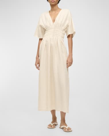 STAUD Lauretta Pintuck-Waist V-Neck Linen Midi Dress