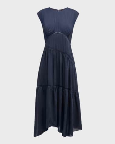 FRAME Gathered Seam Lace Inset Midi Dress