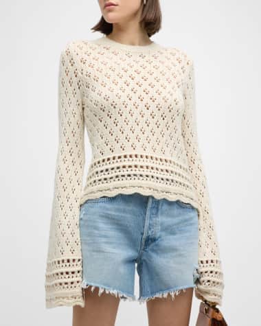 FRAME Crochet Knit Long-Sleeve Top