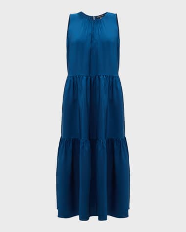 Eileen Fisher Tiered Sleeveless Washed Silk Midi Dress