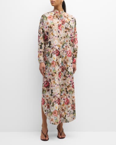 Adam Lippes Band-Collar Flower-Print Voile Long-Sleeve Maxi Caftan Dress