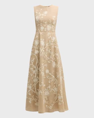 Adam Lippes Eloise Floral Vine Embroidered Cotton Burlap Maxi Dress