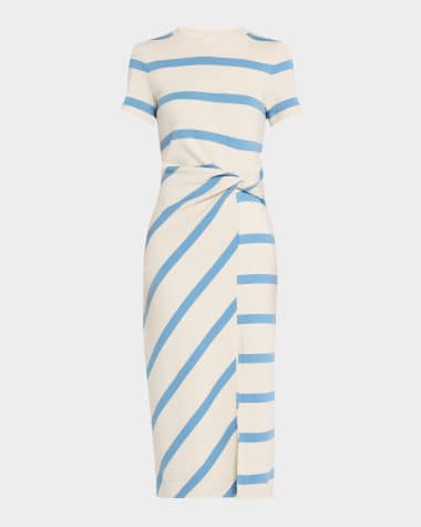 Tanya Taylor Cody Twisted-Waist Short-Sleeve Striped Midi Dress