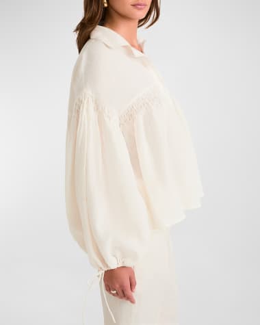 Merlette Azurea Smocked Blouson-Sleeve Linen Top
